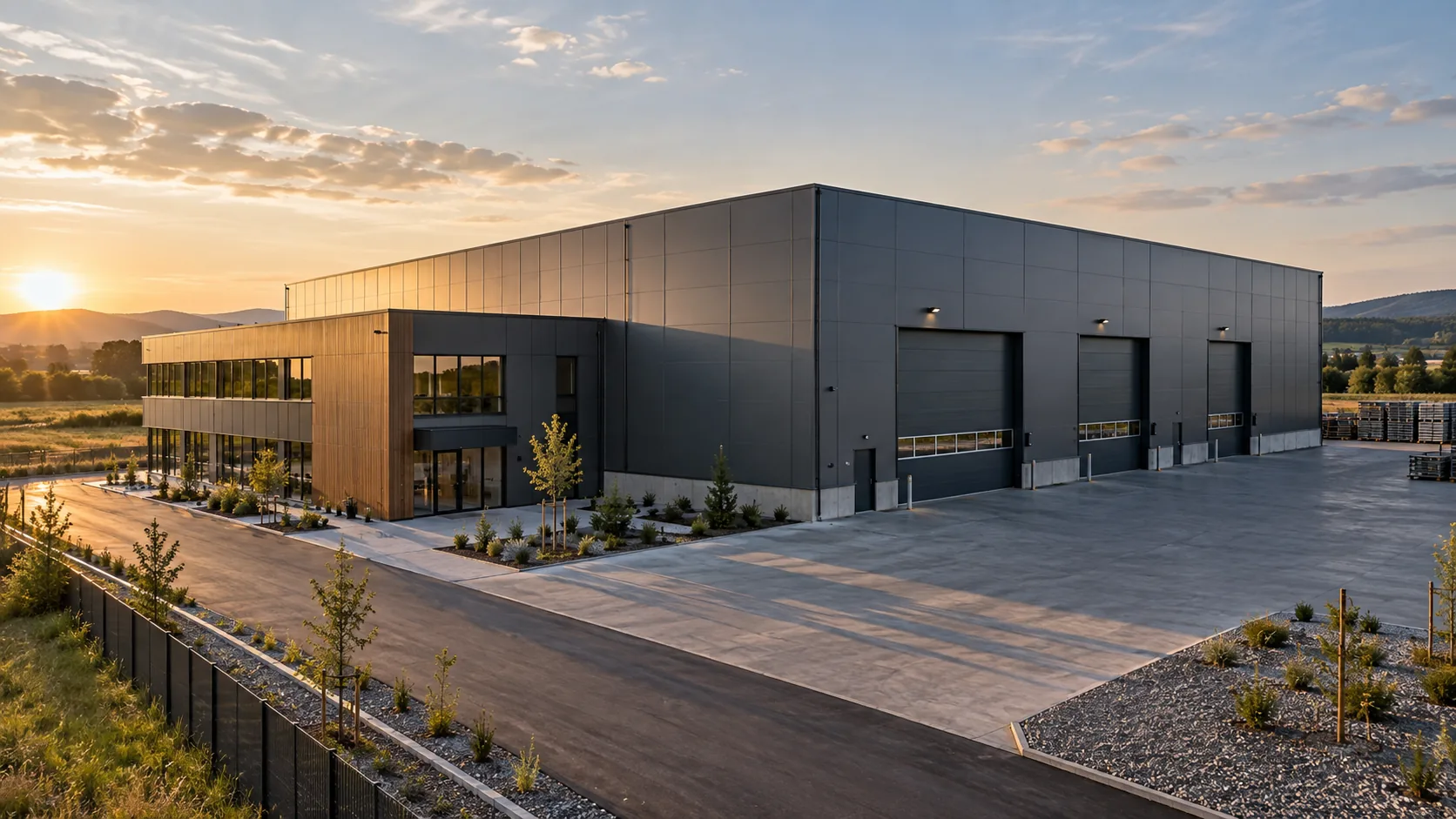 Façade industrielle avec extension et cour attenante.